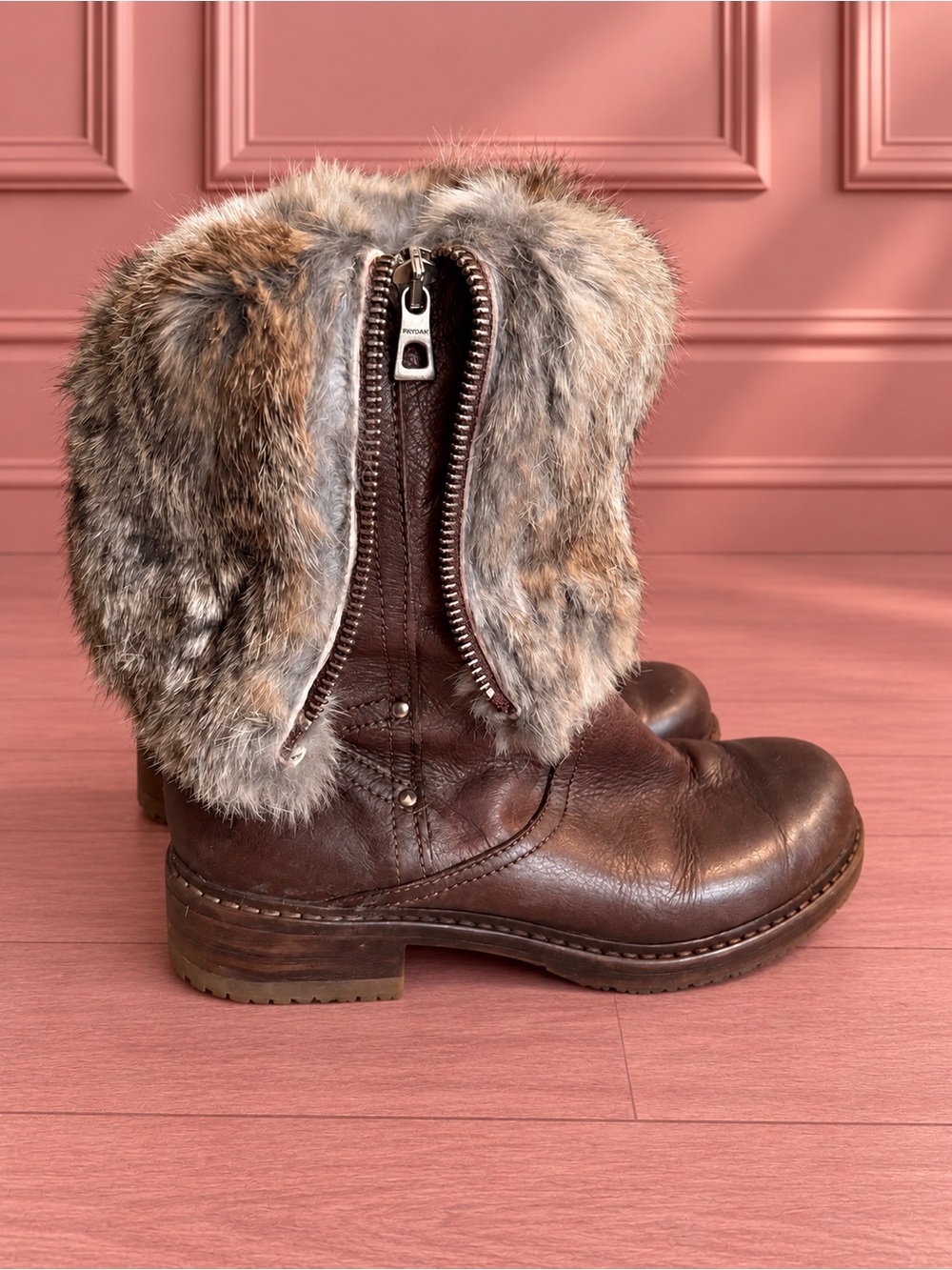 Rudsak Brown Foldover Leather Rabbit Fur-Trim Ankle Boots